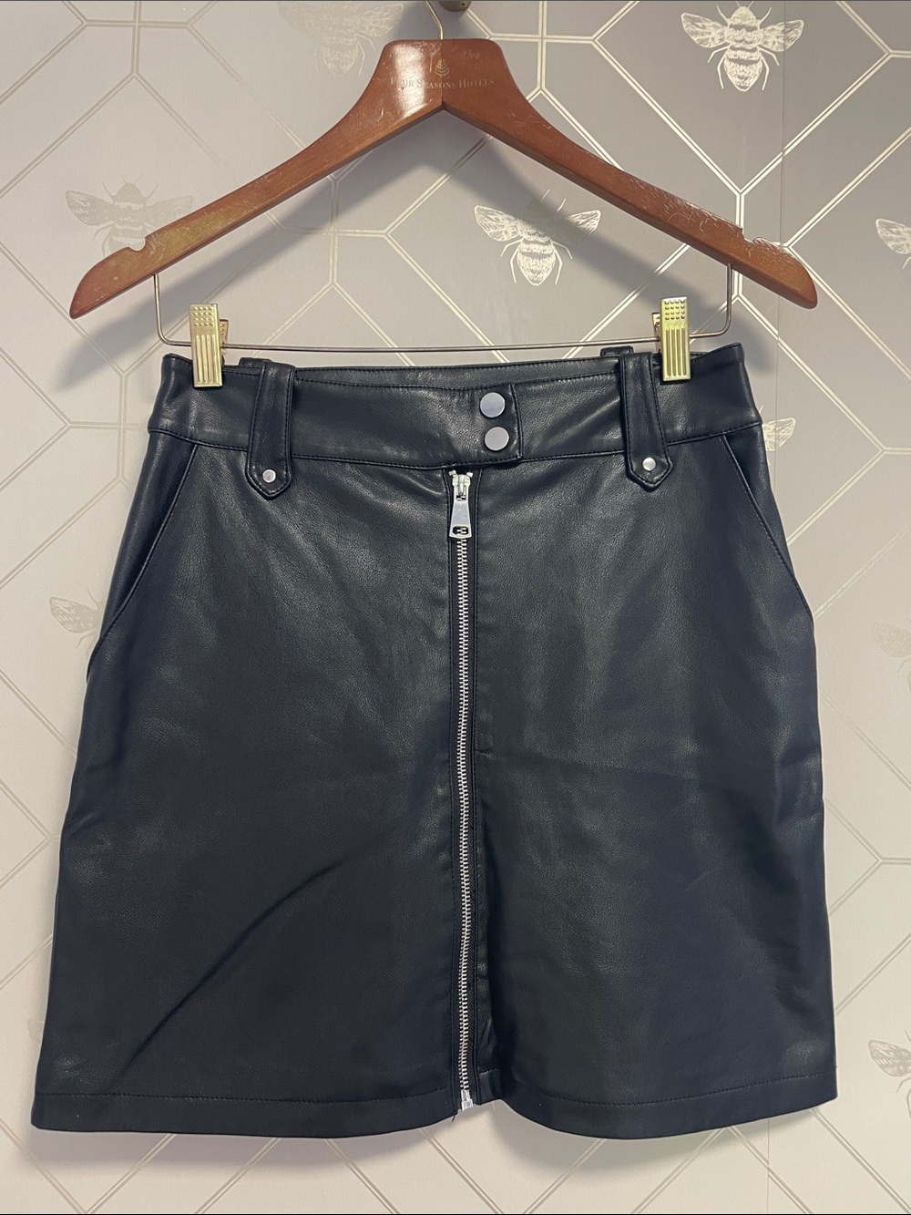 7 For All Mankind Black Faux Leather Mini Skirt with Front Zip